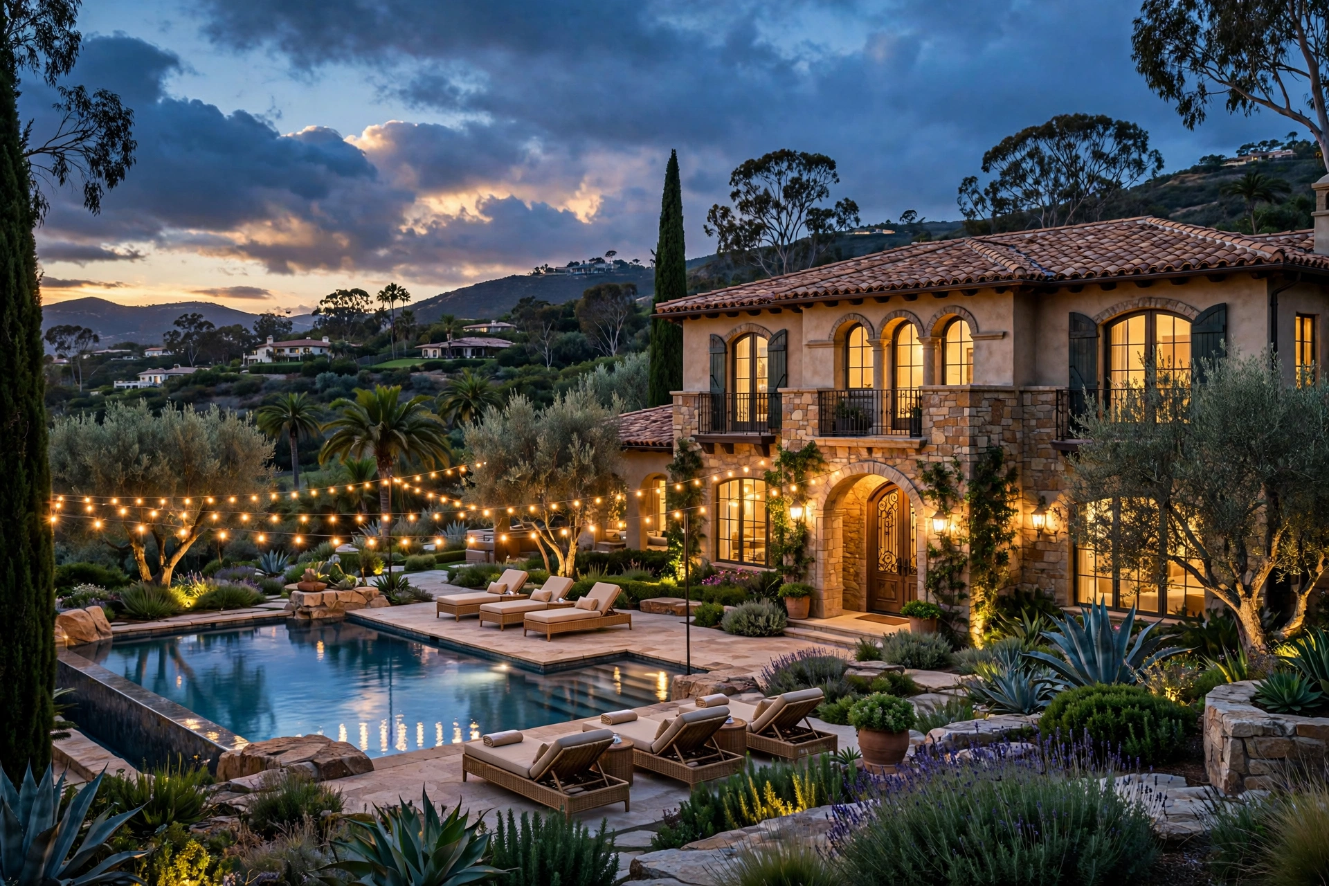 Rancho Santa Fe villa with arched colonnades and a reflecting pool