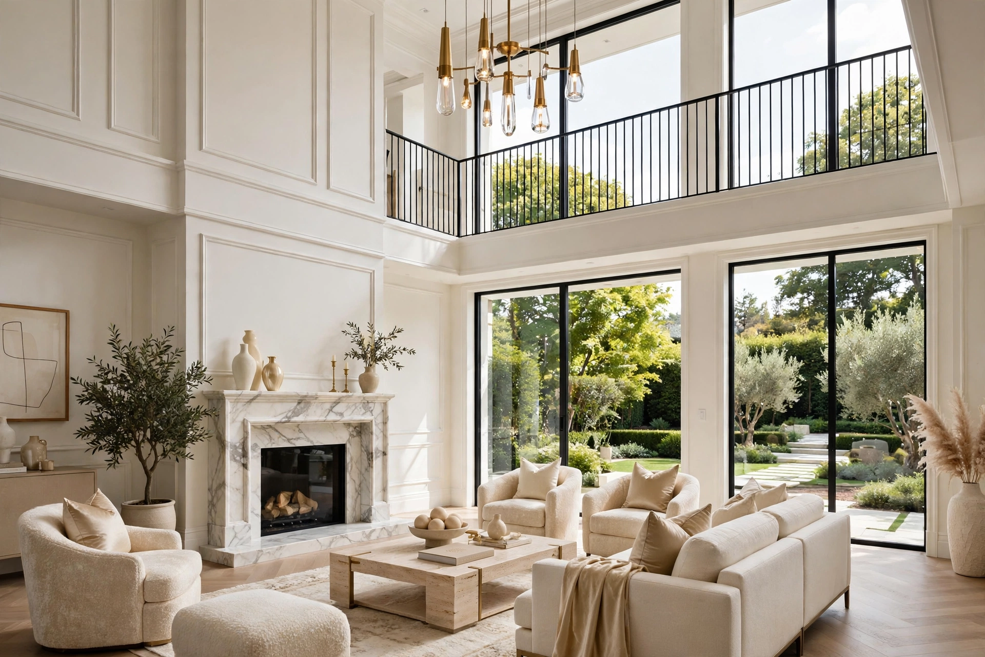 Sculptural luxury residence interior with warm stone and panoramic glazing